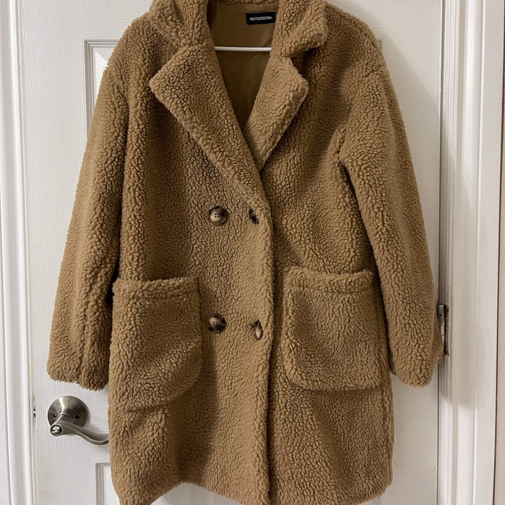 PLT Teddy Bear Camel Borg Longline Coat Size 2